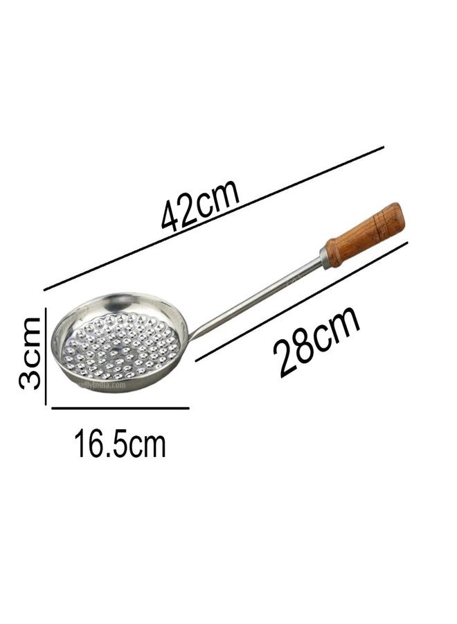 PUTHAK Stainless Steel Boondi Jhara with Wooden Handle Grip,Steel Food Strainer, Bundi Jhara,Wooden Handle Deep Fry Grip Strainer, Perforated Spoon - Image 2